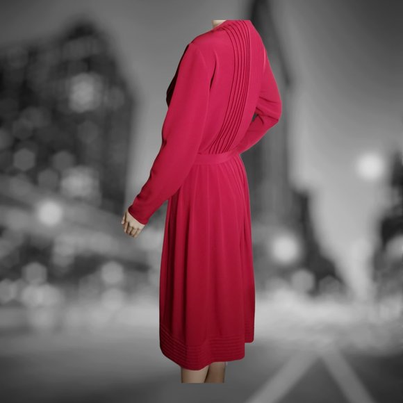 Vintage 1970's Albert Nipon Pleated Wrap Dress - Burgundy/Maroon/Long Sleeves - Picture 3 of 12